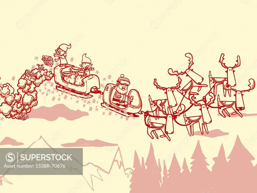 Santa Claus in his sleigh with elves dropping off presents