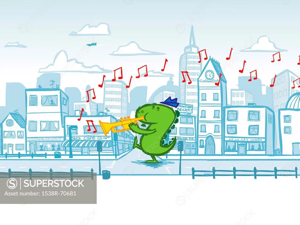 A dinosaur playing the trumpet