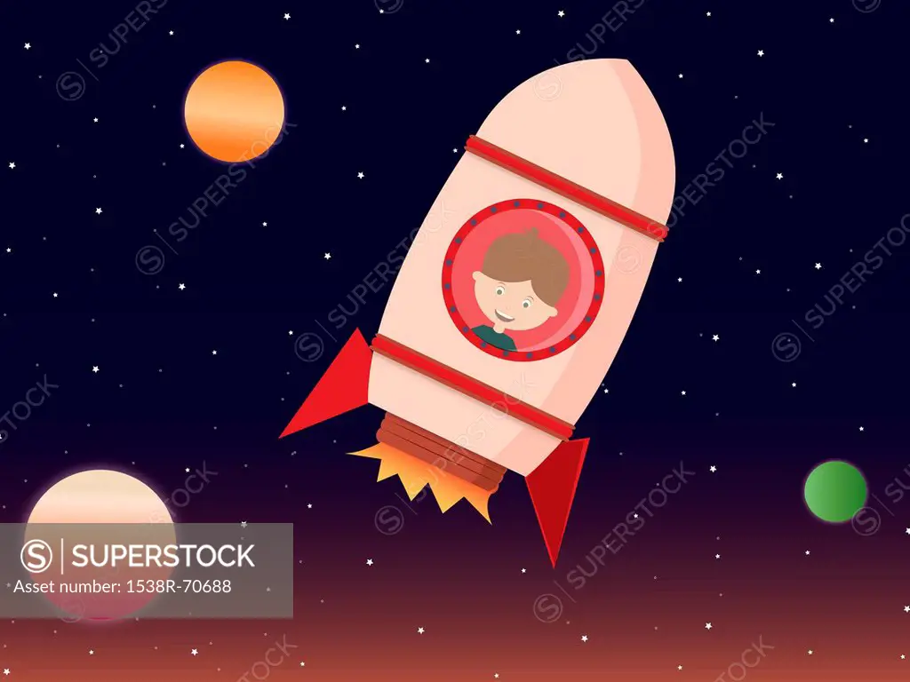 A little boy inside a rocket ship