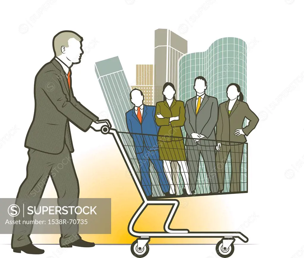 A man pushing a shopping cart full of people