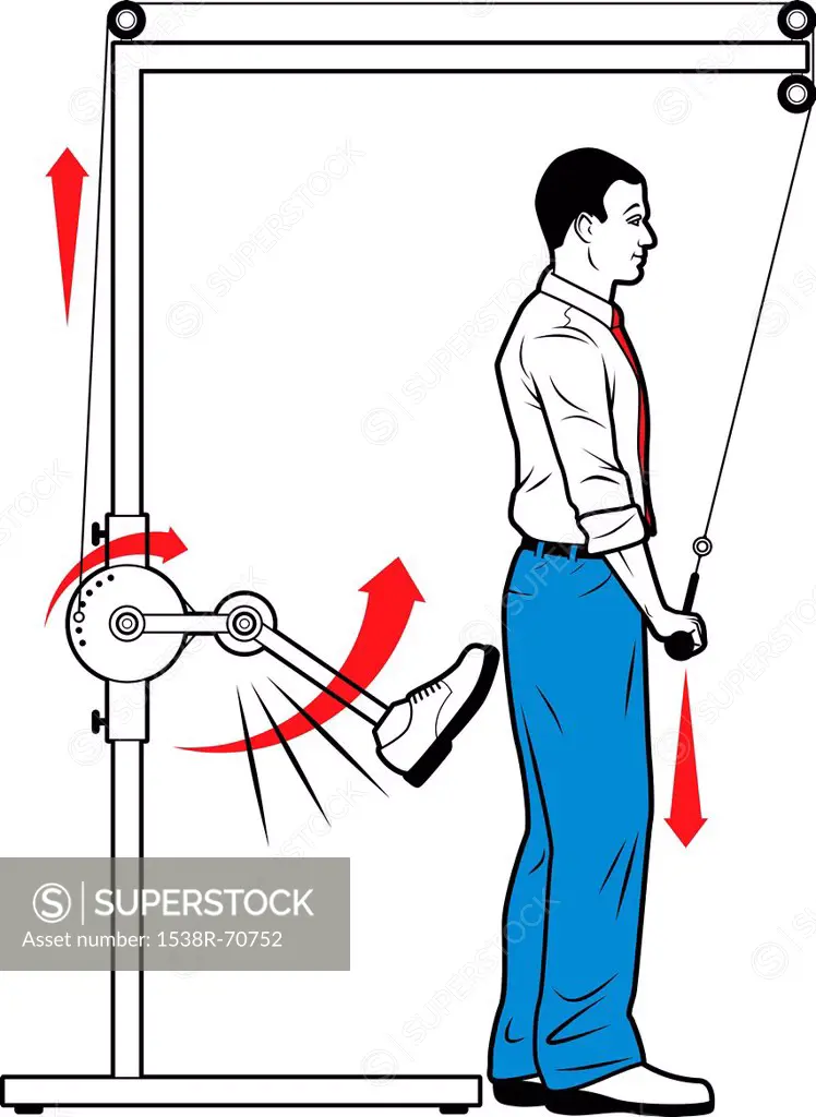 A man with a pulley system that is kicking him