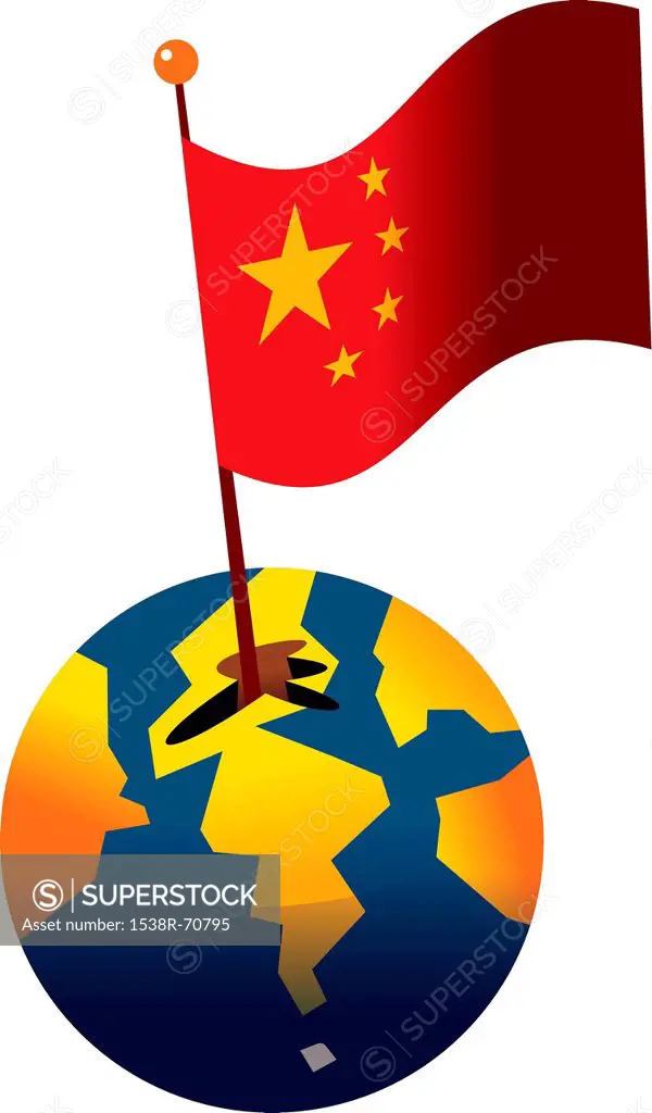 Flag of China sticking out of a globe