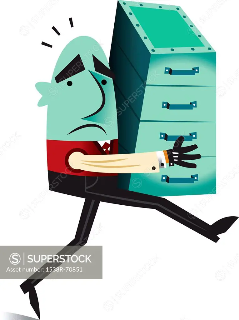 A man carrying a filing cabinet