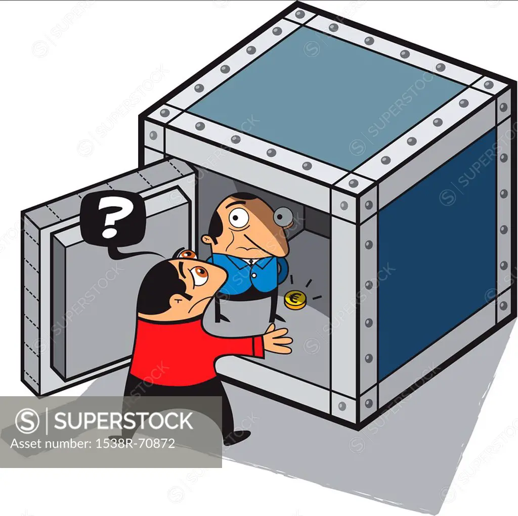 A man discovering a man inside a safe with almost no money