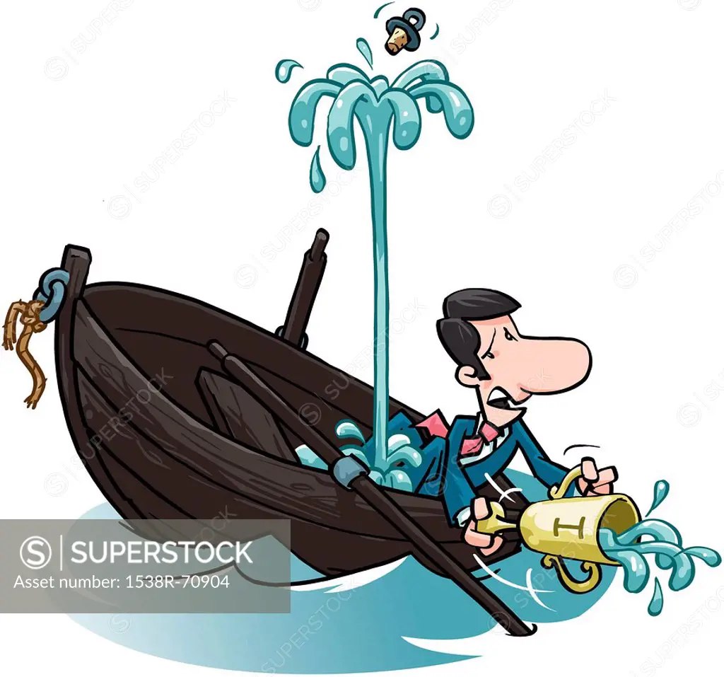 A businessman trying to get his boat to stop sinking by using a trophy