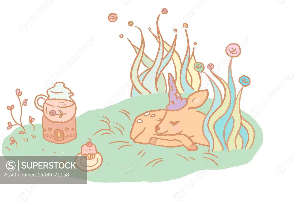 A sleeping deer outside near a cupcake and a pitcher