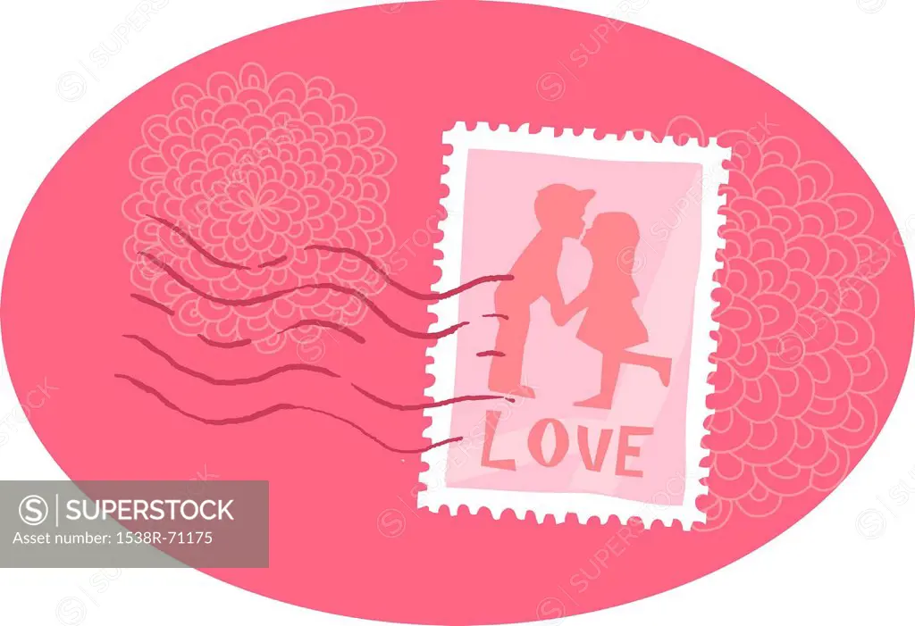 A stamp showing two kids kissing against white background