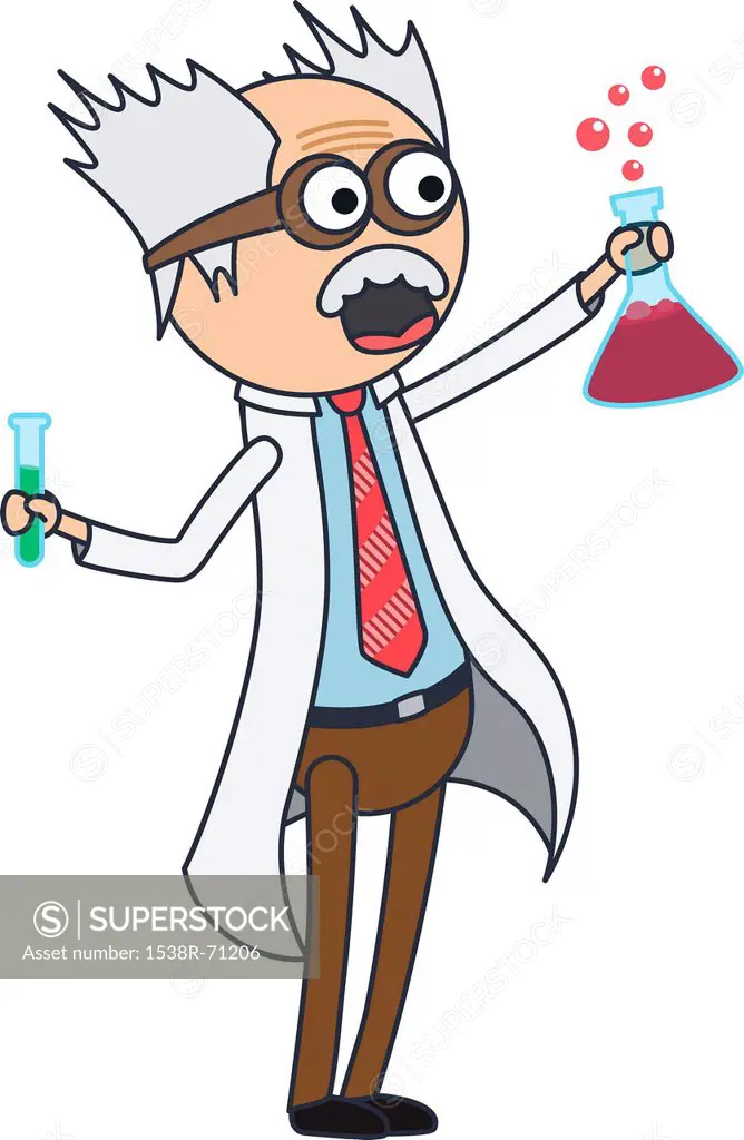 A mad scientist holding up a beaker and test tube