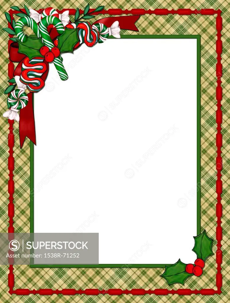 a Christmas border with candy canes, candy, bows and holly