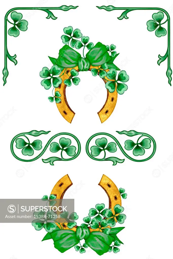An Irish-themed illustration with horseshoes and four leaf clovers