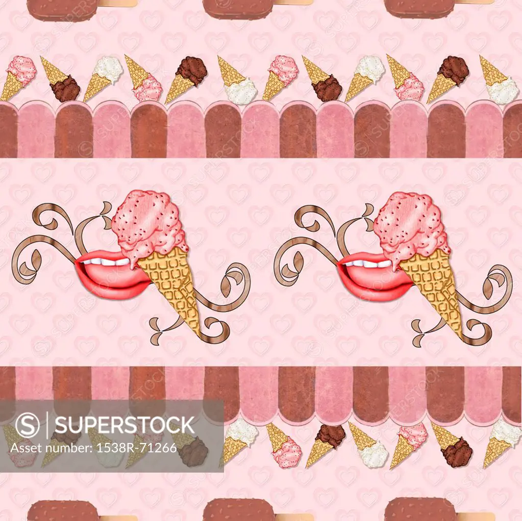 A seamless tile of a mouth licking ice cream
