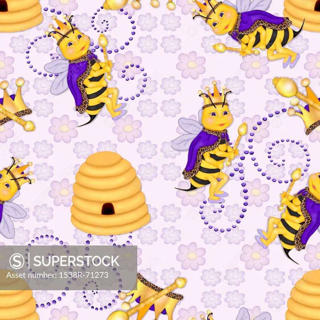 A seamless tile of a queen bee and bee hive