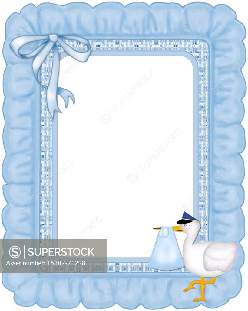 A blue ruffled frame with a stork