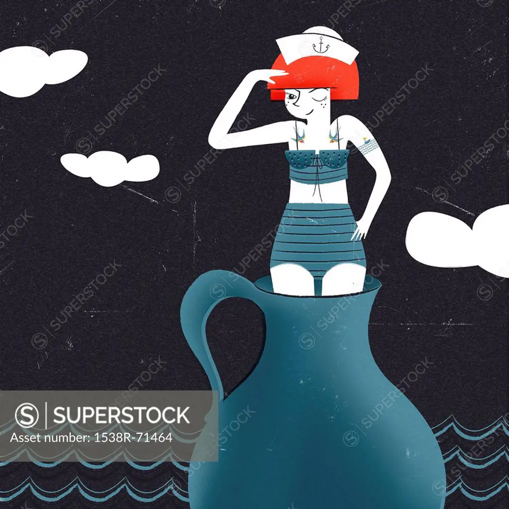 A young woman dressed as a sailor standing in a vessel