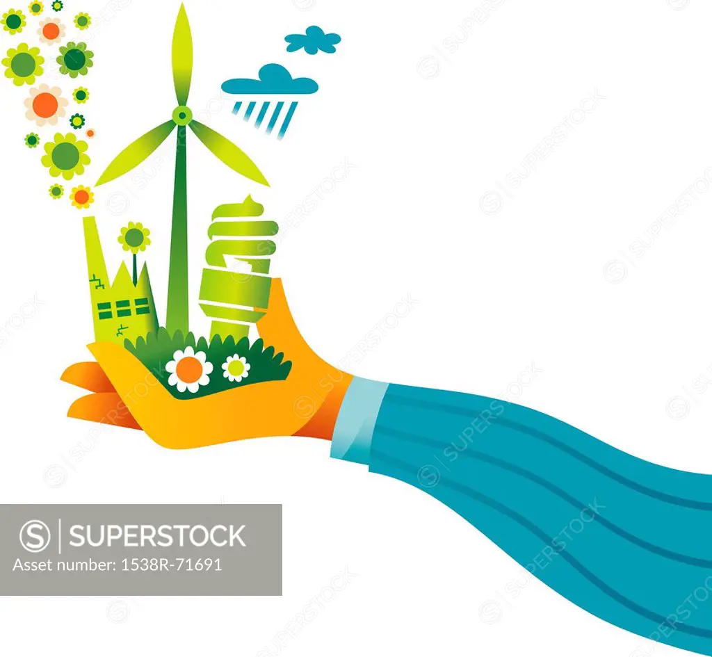 A hand holding a wind turbine, environmentally friendly factory, and a compact fluorescent light bulb