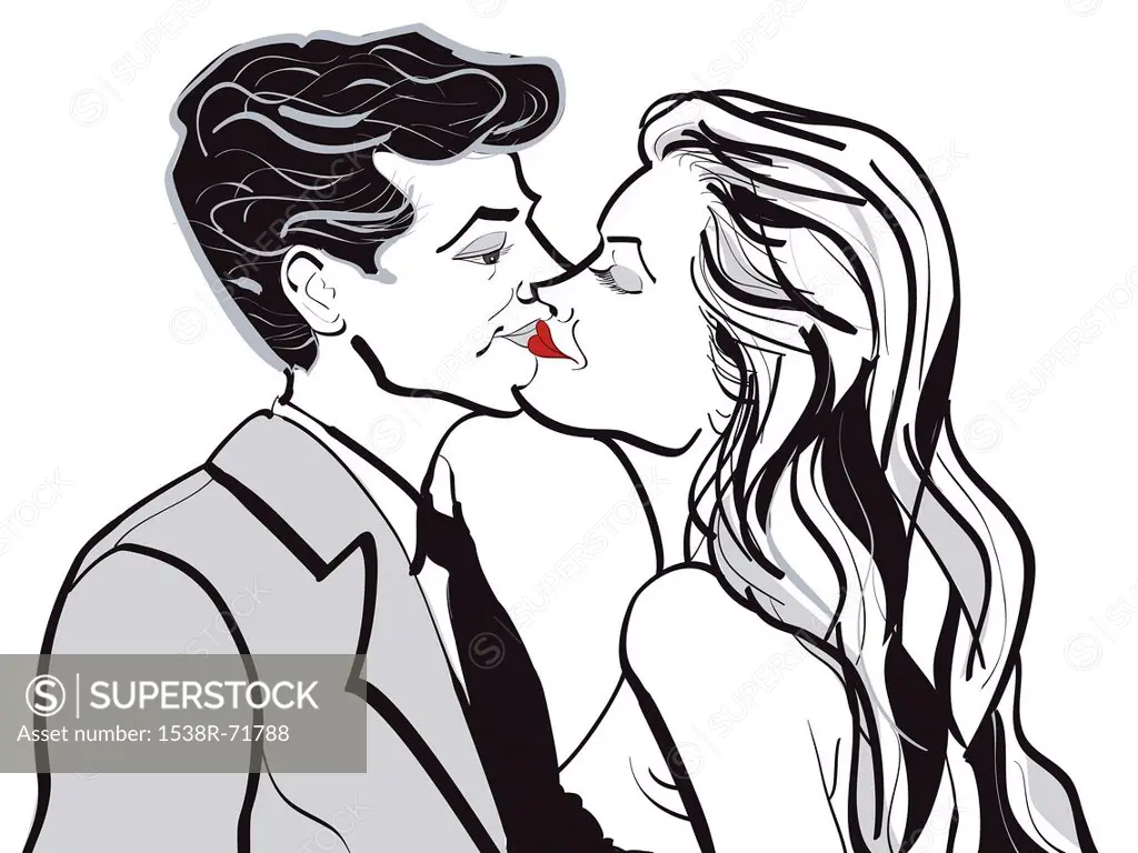 A man and woman kissing against white background