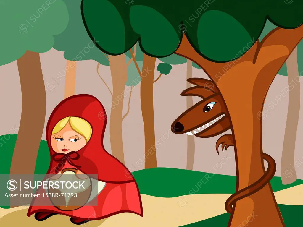 Little red riding hood being watched by the big bad wolf