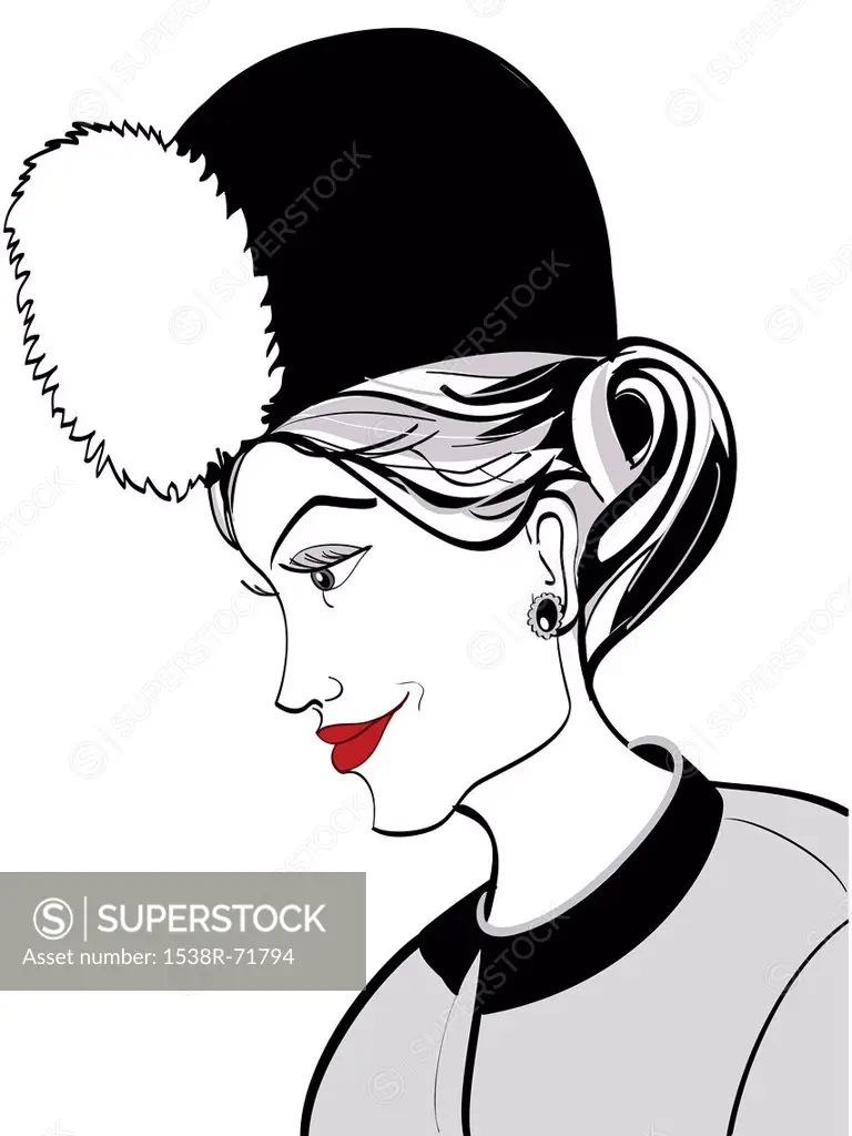 A side view of a woman wearing a hat wearing bright red lipstick