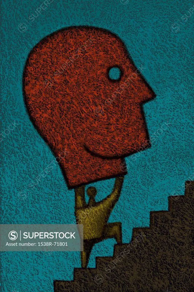 Figure carrying large head on staircase