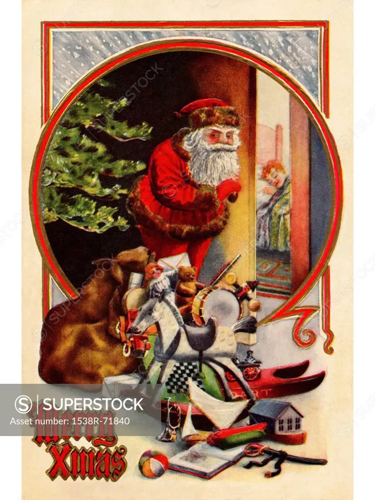 Vintage Christmas card of Santa Claus with gifts,checking to see if a child is asleep