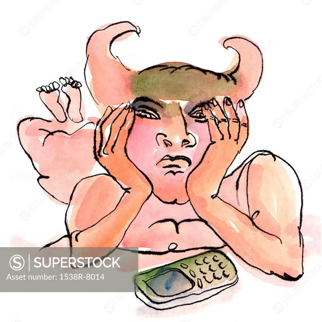 A man with horns waiting by the phone