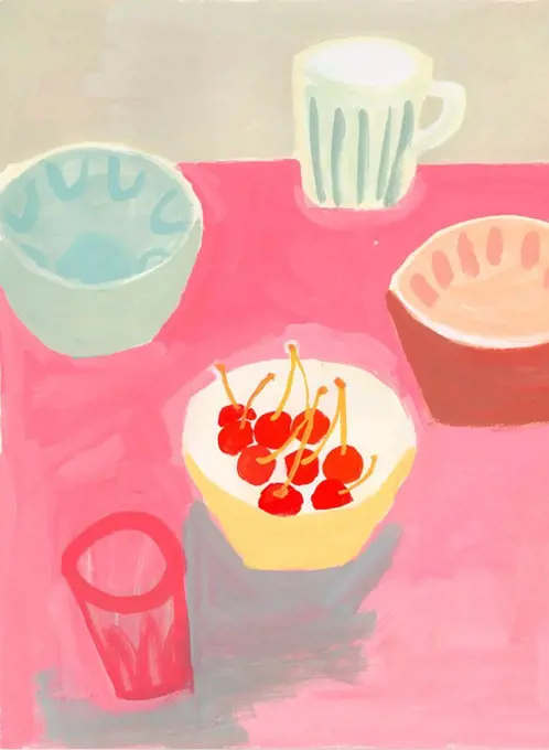 Painting of dishes and bowl of cherries on table