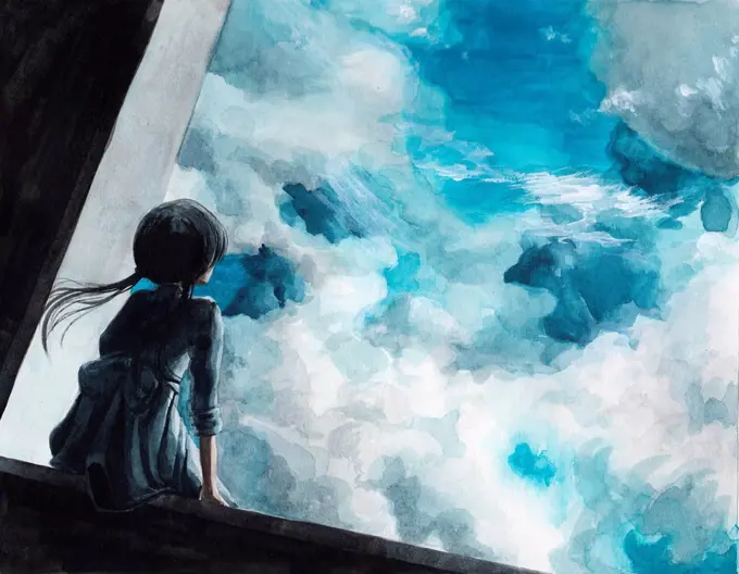 Painting of a young girl looking out at clouds