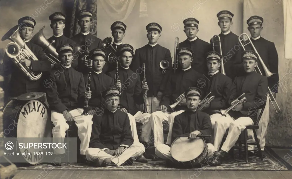 Group of young men in a marching band, c. 1908