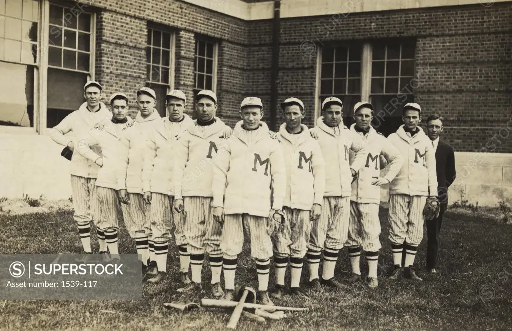 Portrait of a group of baseball players standing side by side, Maryville, Missouri, USA, c. 1910