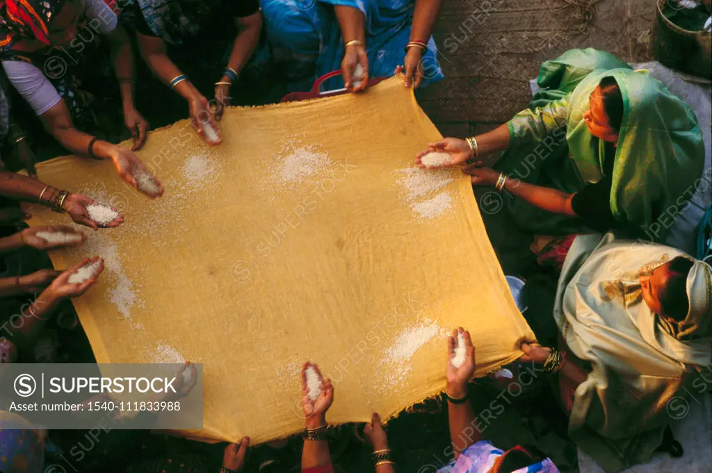 ritual vidhi offering rice to God , varanasi , uttar pradesh , india