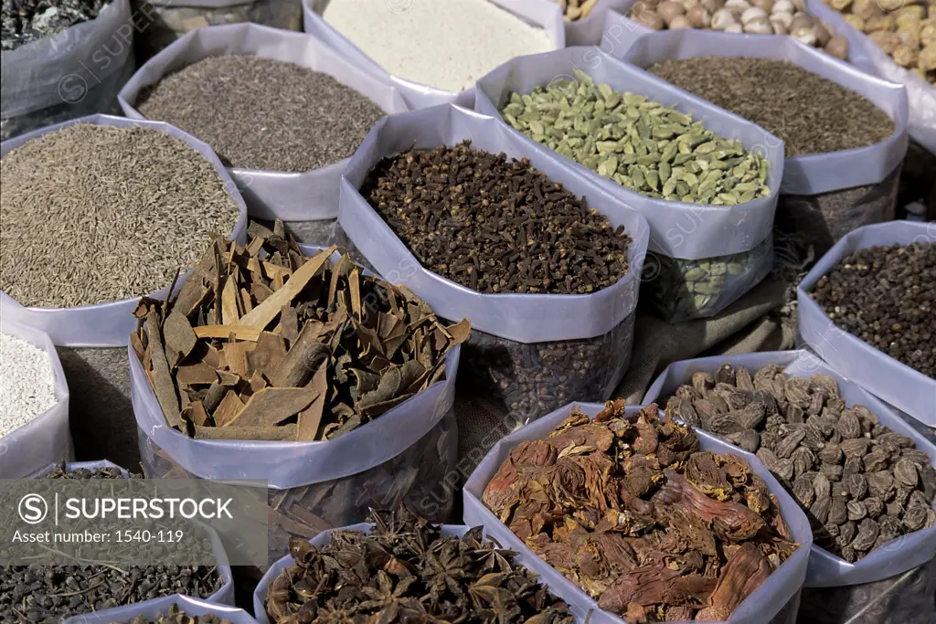 High angle view of assorted spices at a market stall, India