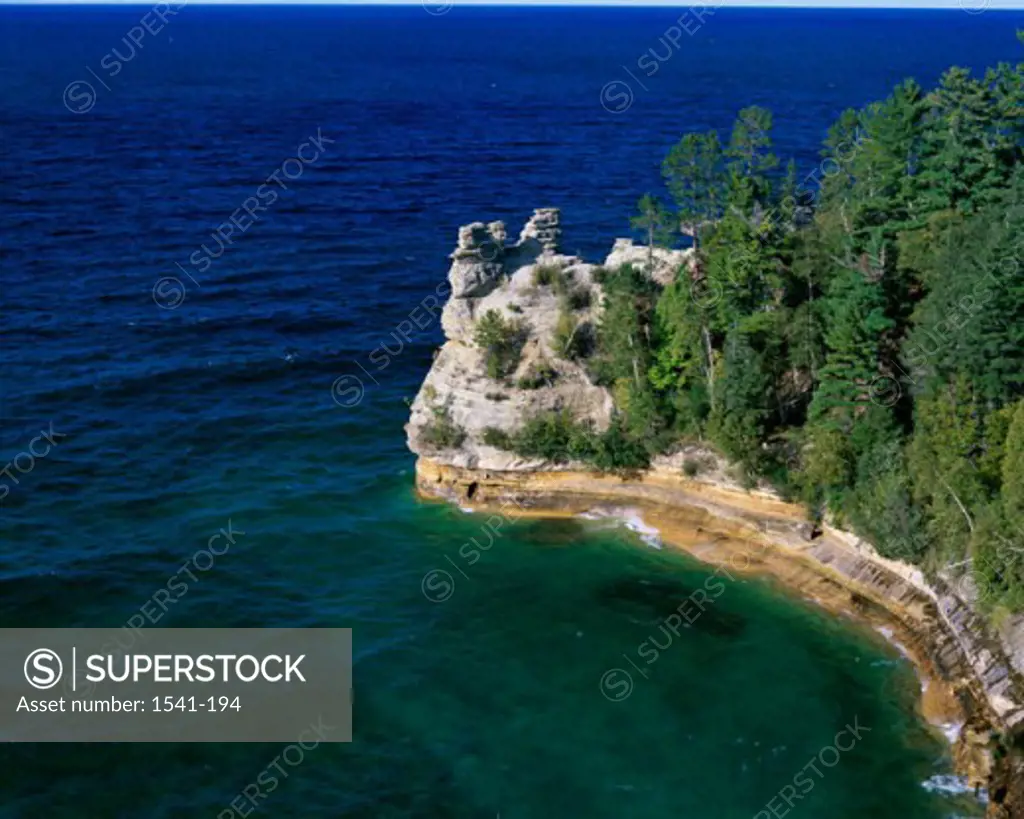 High angle view of rock formations, Miner's Castle, Pictured Rocks National Lakeshore, Lake Superior, Michigan, USA