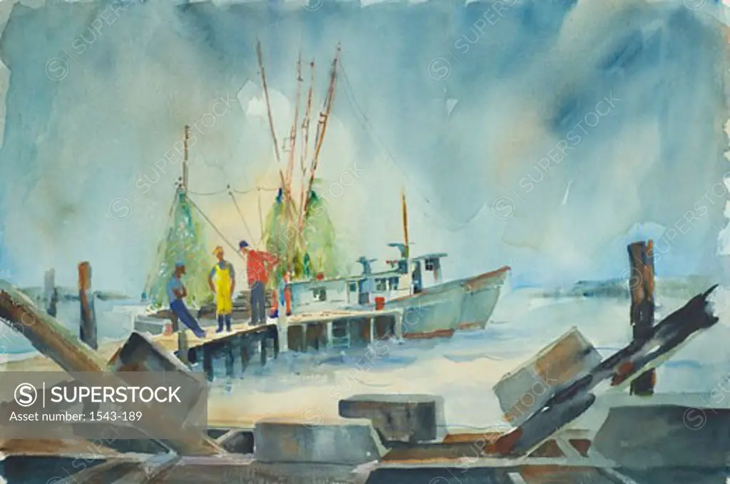 Shrimpers, 1990's, Margie Livingston Campbell, (b.20th C./American), Watercolor