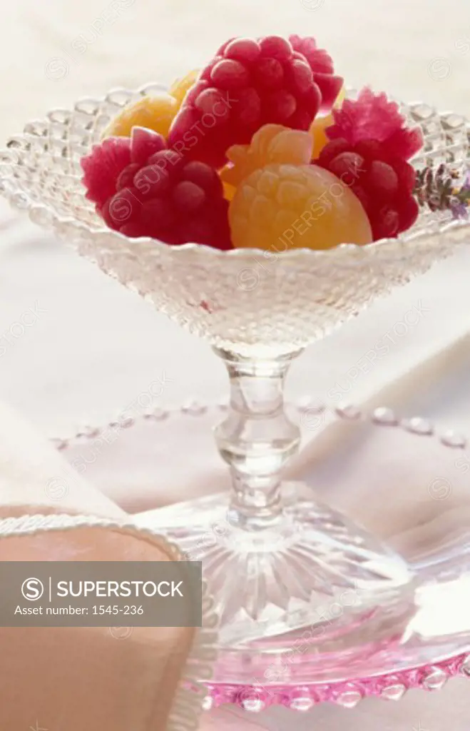 Close-up of fruit shaped candy on a platter
