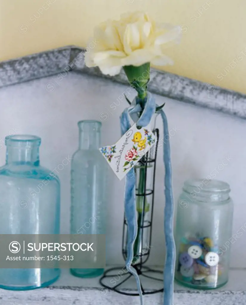 Close-up of a flower in a vase and bottles on a shelf