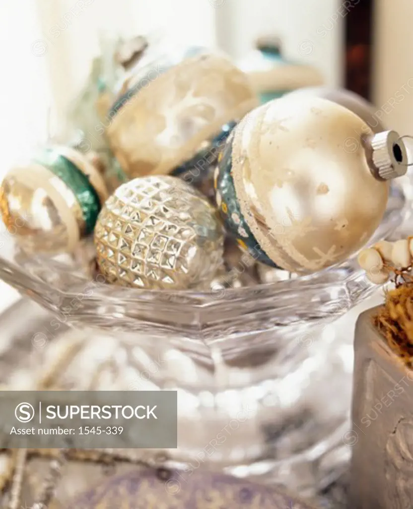 Close-up of Christmas ornaments in a bowl