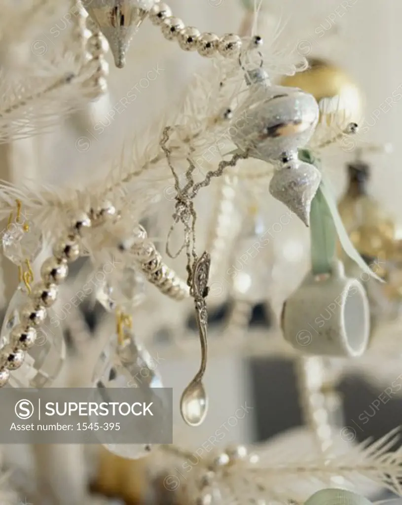 Close-up of Christmas ornaments hanging on a Christmas tree
