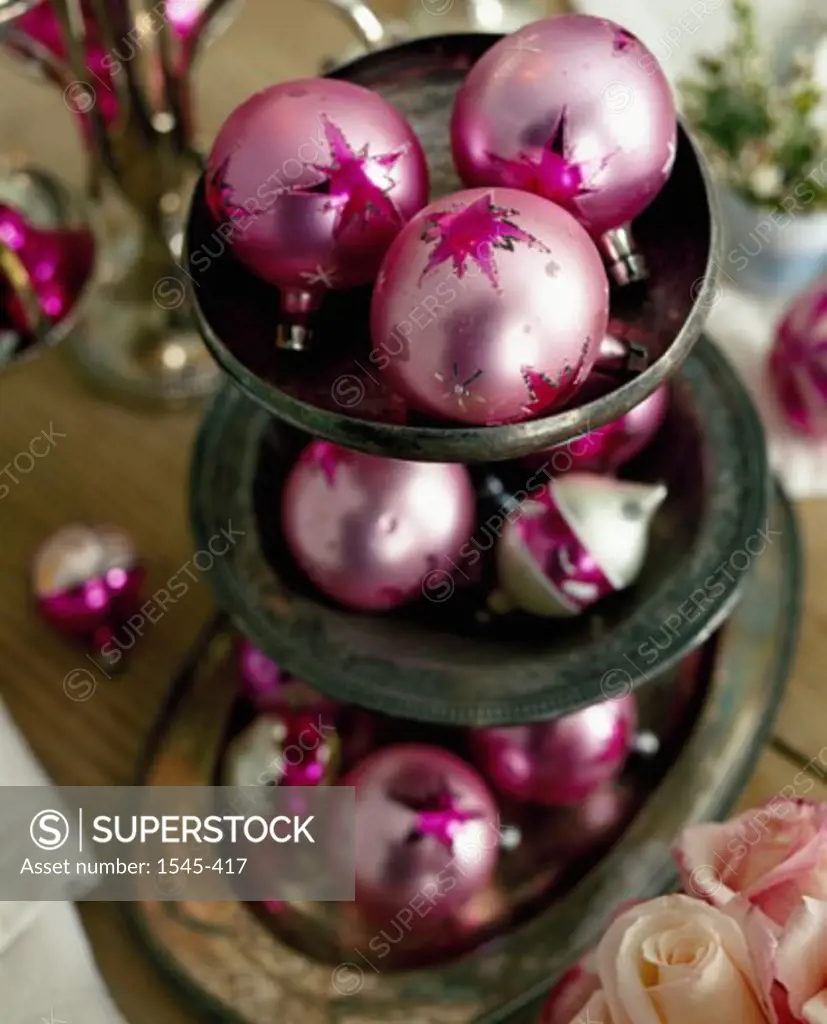 Close-up of Christmas ornaments in a stand