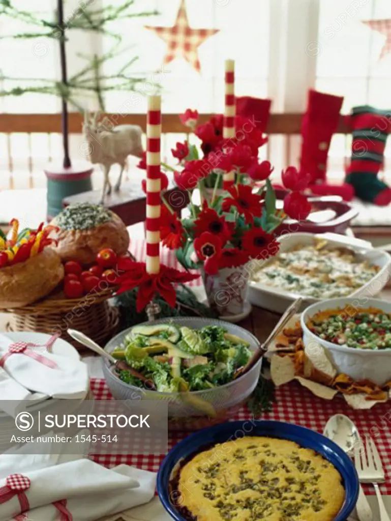 Close-up of a Christmas meal on a decorated table