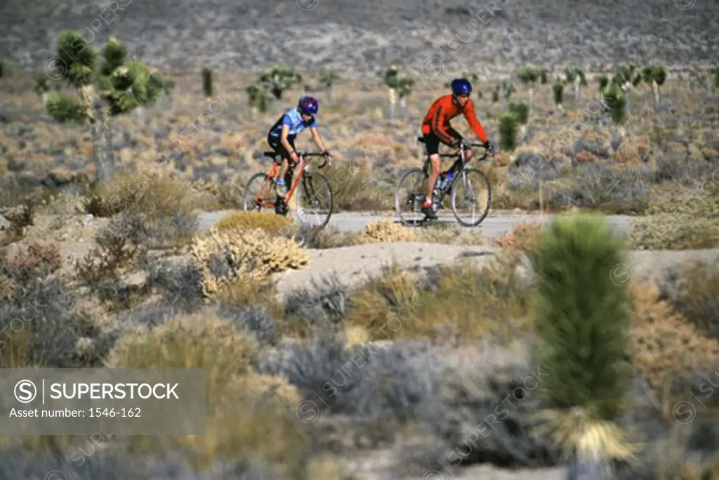 Two people cycling, Big Pine, California, USA