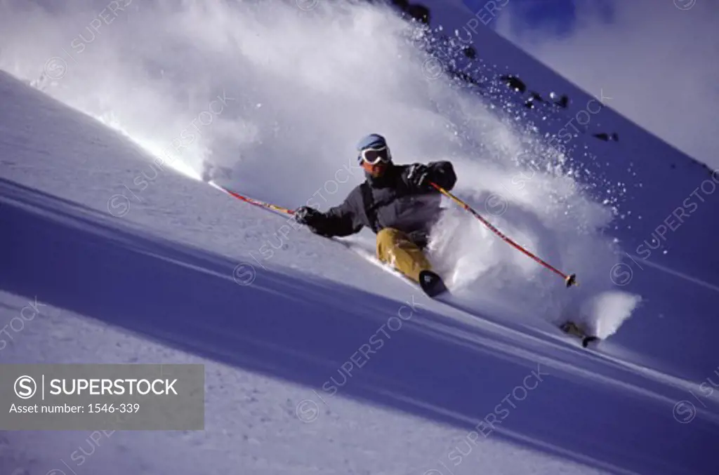 Low angle view of a man skiing, Sugar Bowl, California, USA