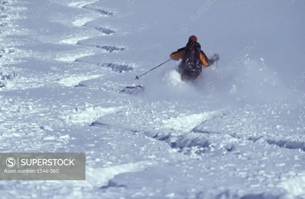 Rear view of a man skiing, Brighton, Utah, USA