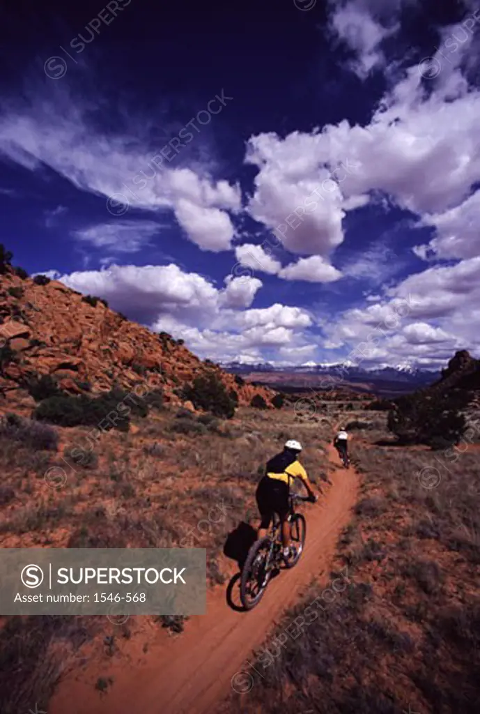 Rear view of two people riding a mountain bike on a dirt road