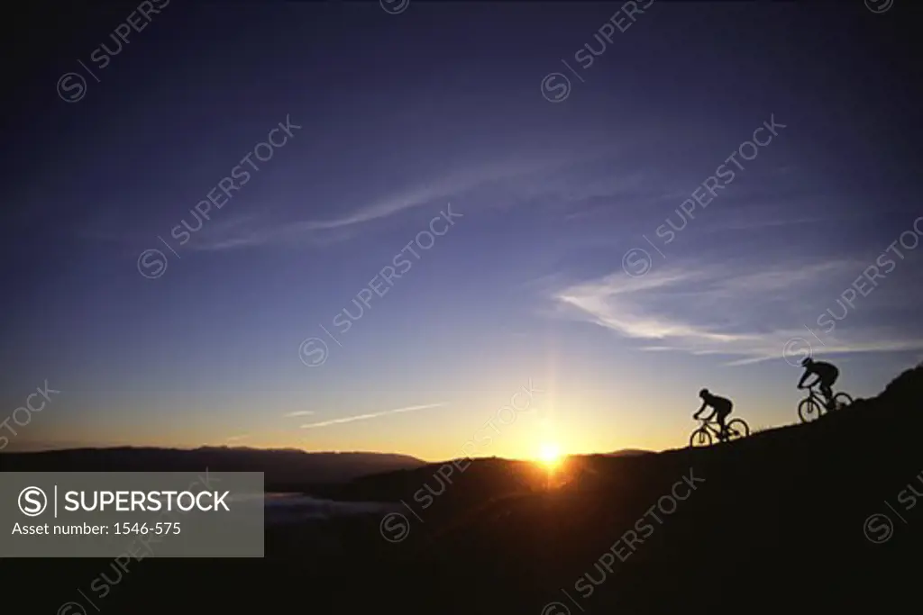 Silhouette of two people riding mountain bikes on a hill