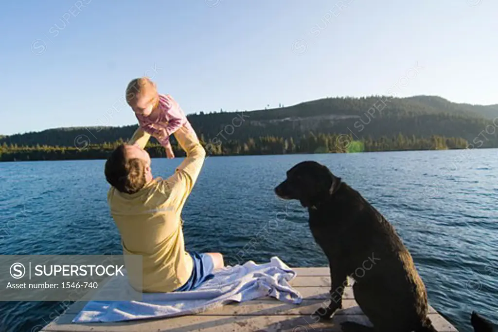 Rear view of a young man sitting on a pier and picking up his daughter, Donner Lake, California, USA