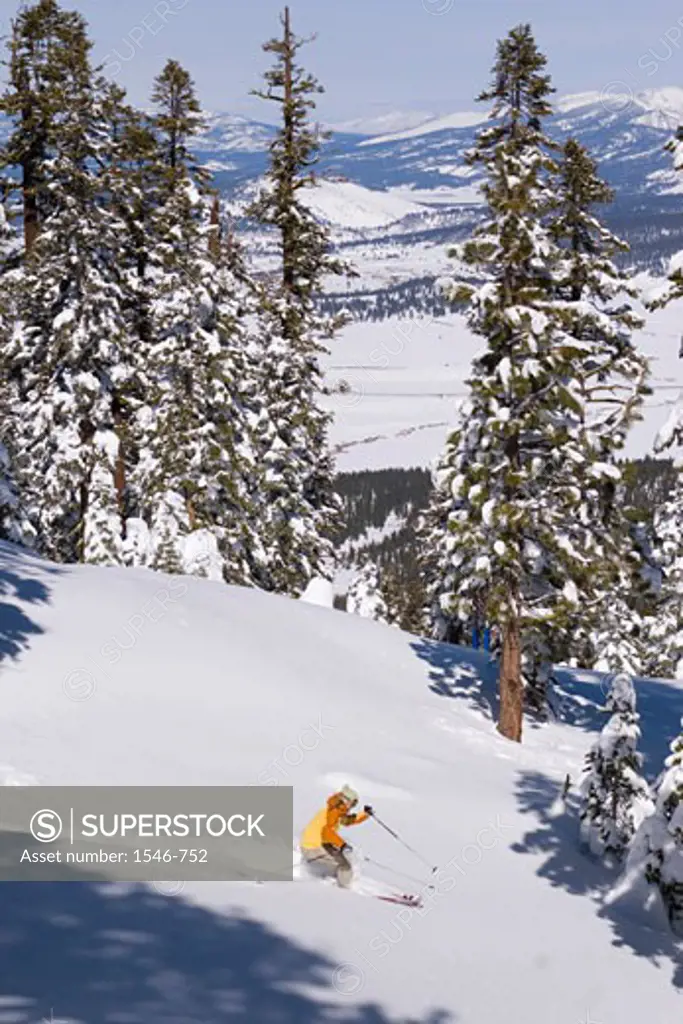 High angle view of a woman skiing on snow, Lake Tahoe, California, USA