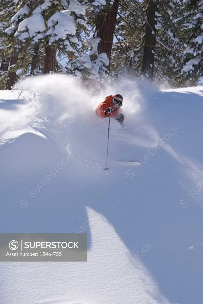 Low angle view of a man skiing on snow, Lake Tahoe, California, USA