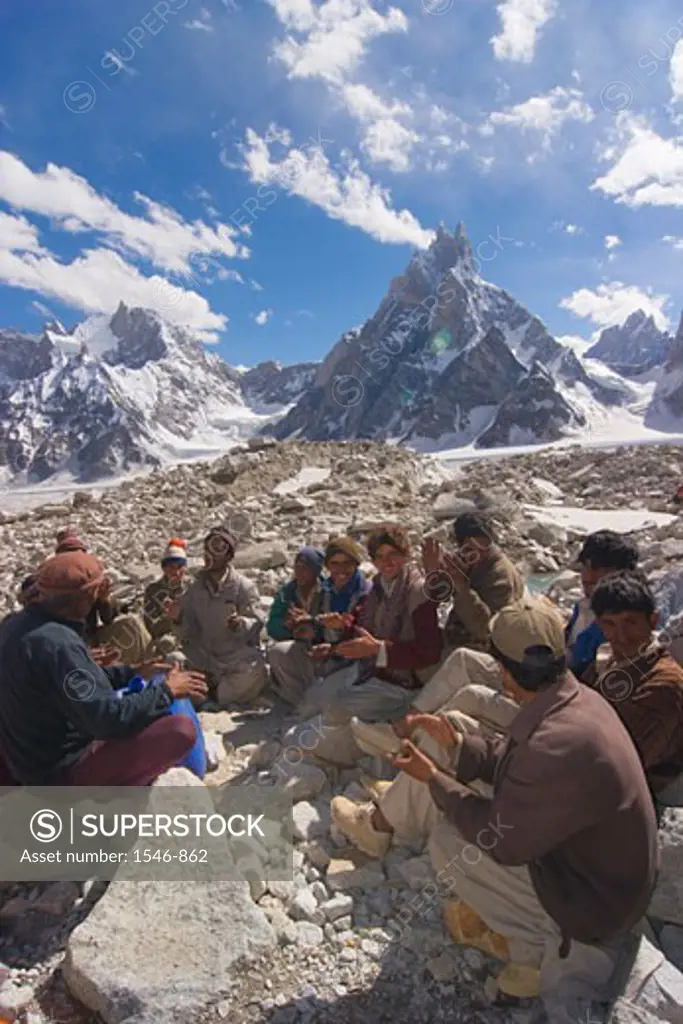 Group of Pakistani men singing, Biafo Glacier, Karakoram Range, Pakistan