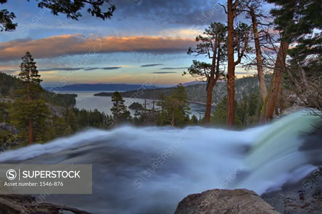 High angle view of a waterfall, Eagle Falls, Lake Tahoe, Emerald Bay, California, USA