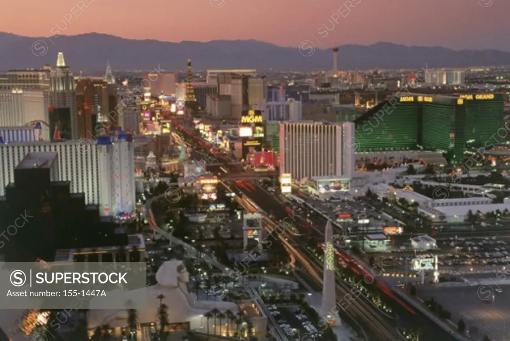 High angle view of a city at night, Luxor Hotel Casino, The Strip, Las Vegas, Nevada, USA